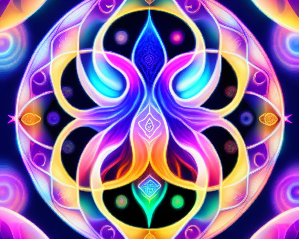 Symmetrical neon digital art with flame-like center