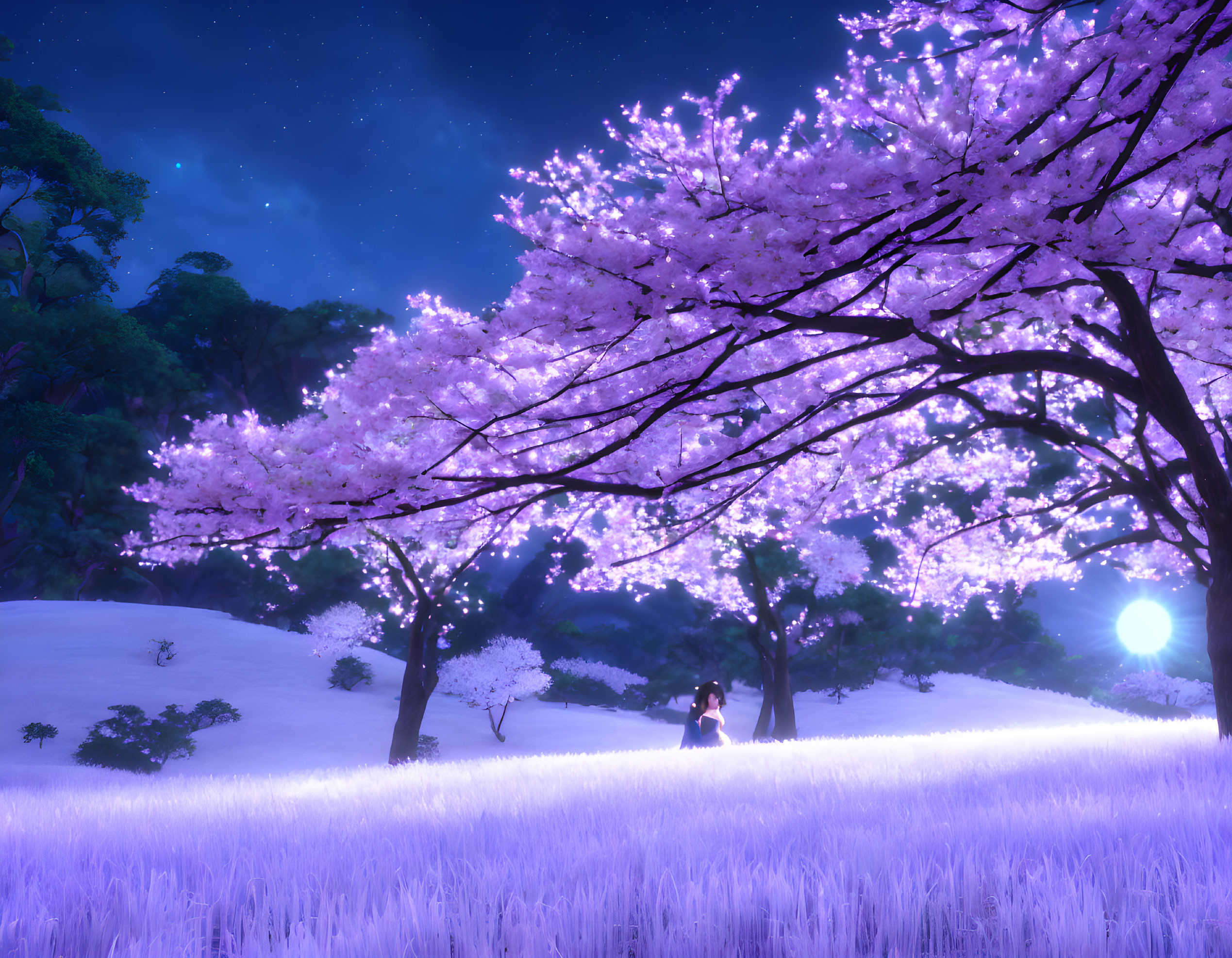 Tranquil night scene with cherry blossoms, starry sky, and person sitting peacefully