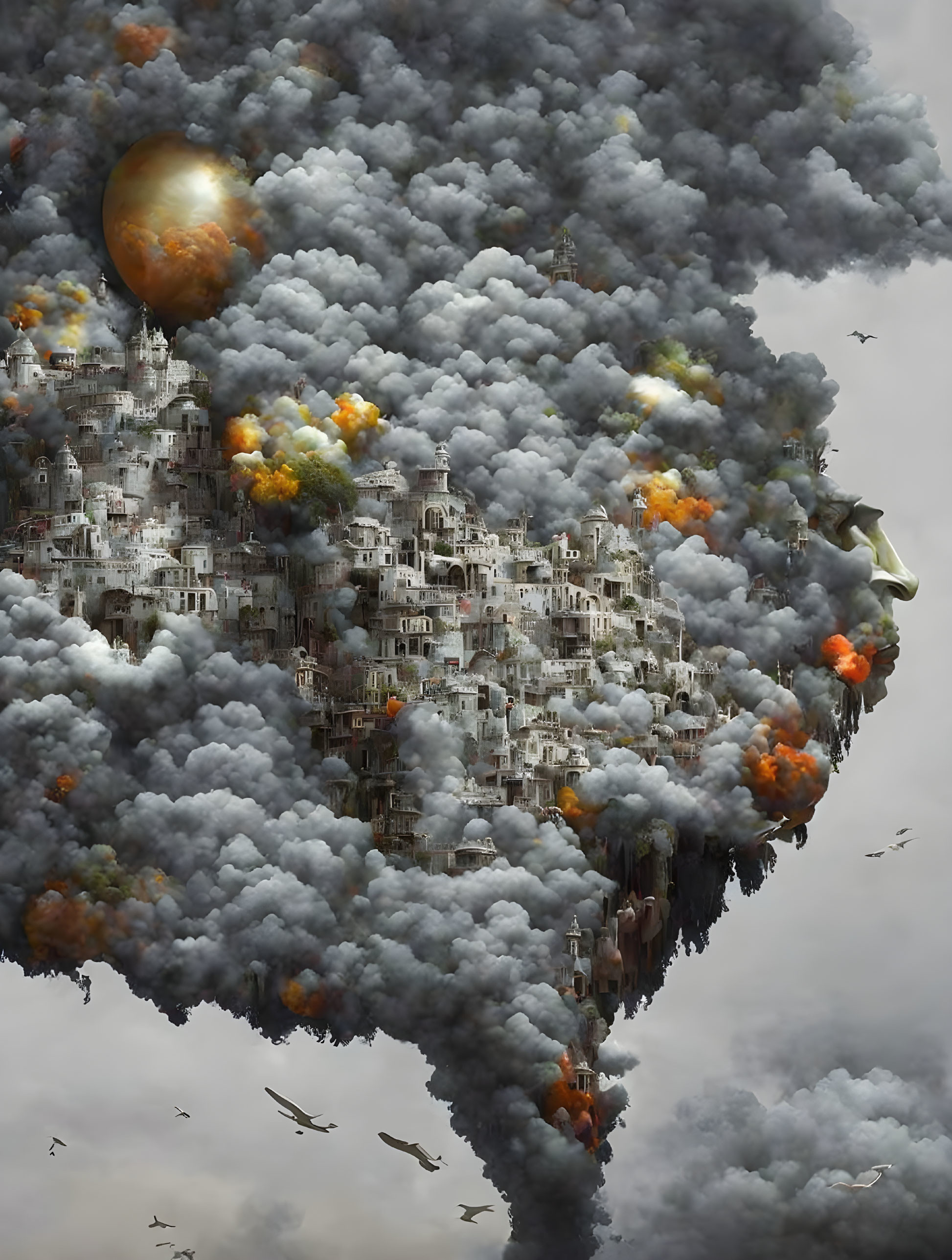 Fantastical floating city with cloud-wrapped buildings and surreal atmosphere