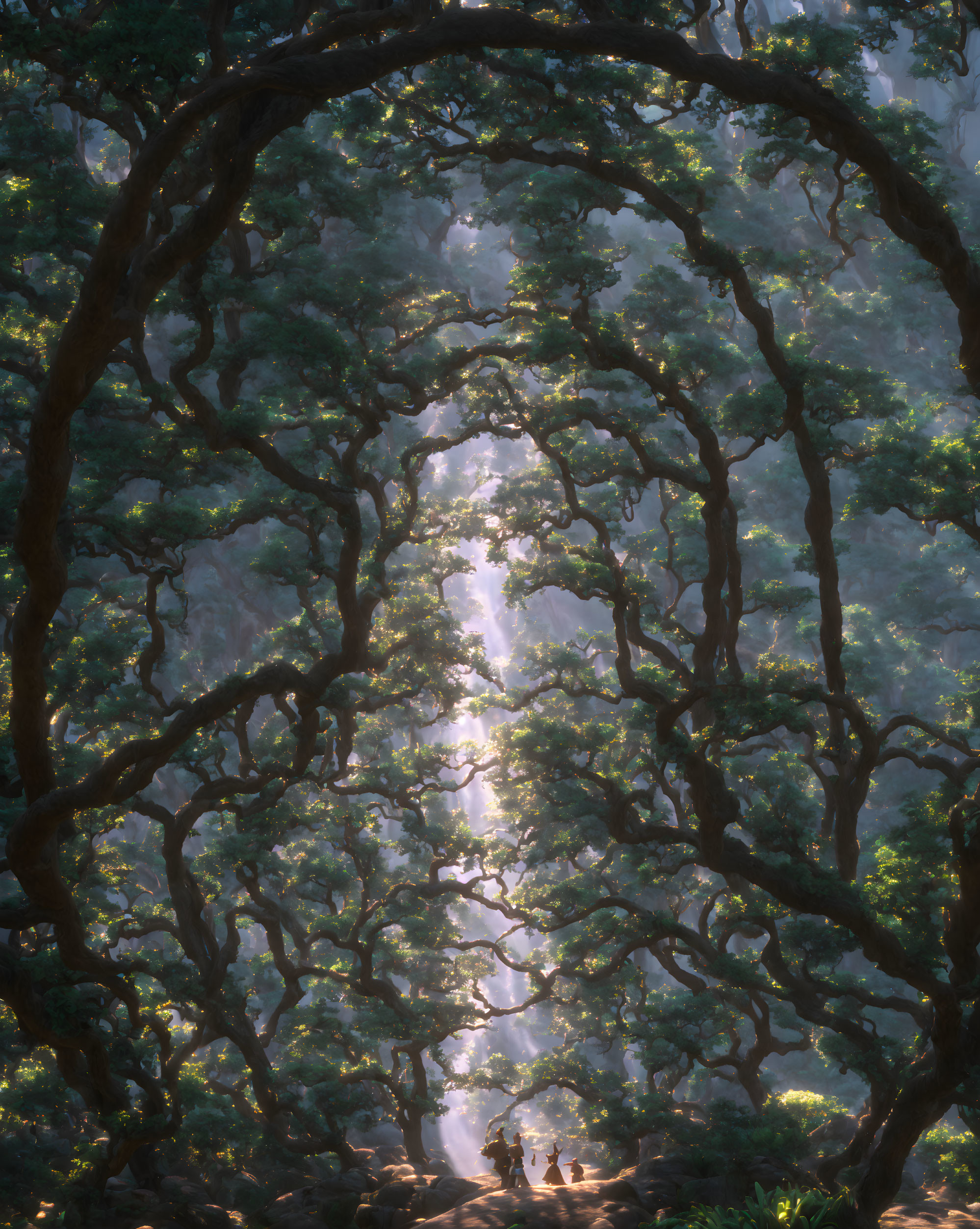 Enchanted forest with sunlight illuminating mystical path