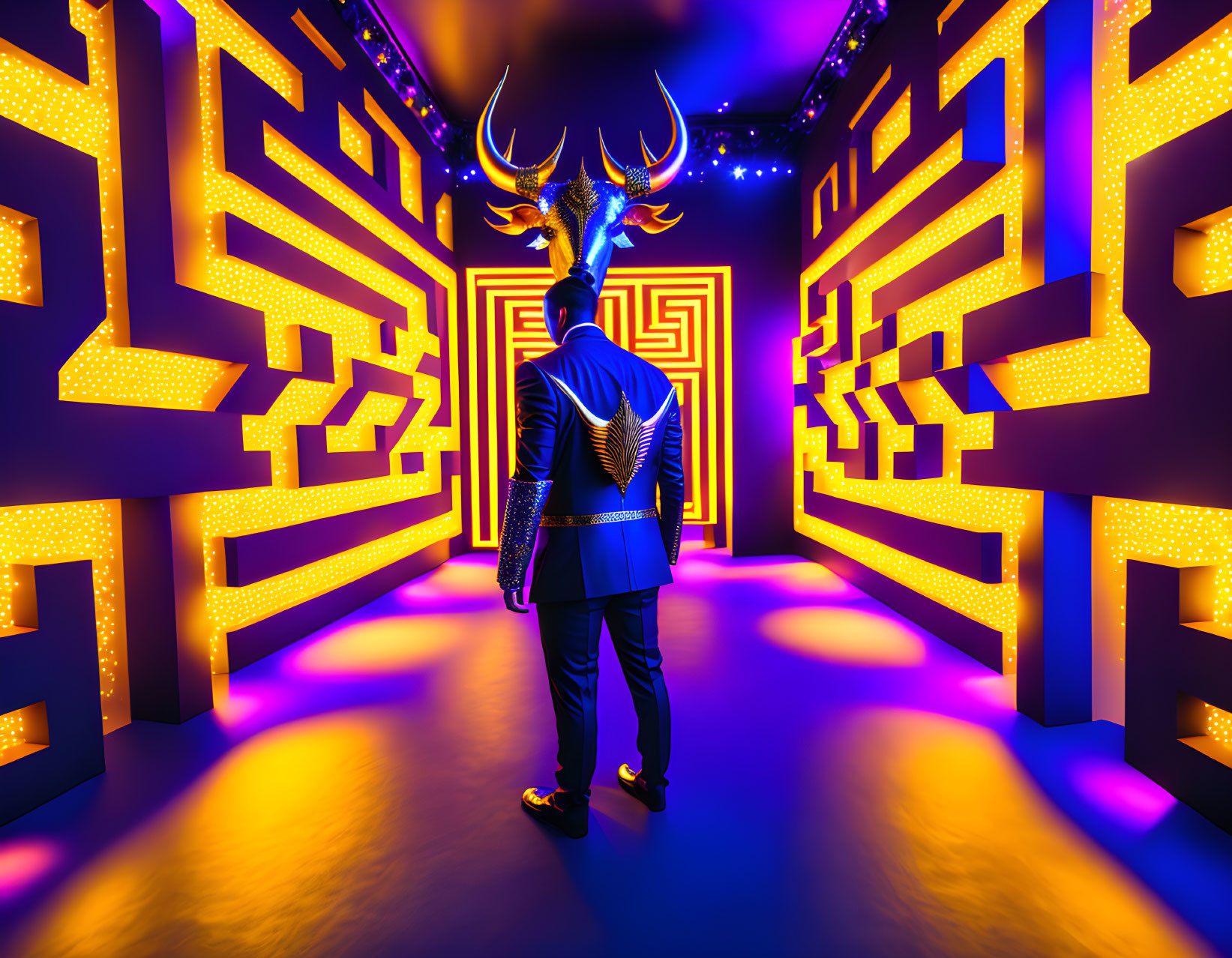 Person in Blue Suit & Bull Mask in Neon-Lit Maze