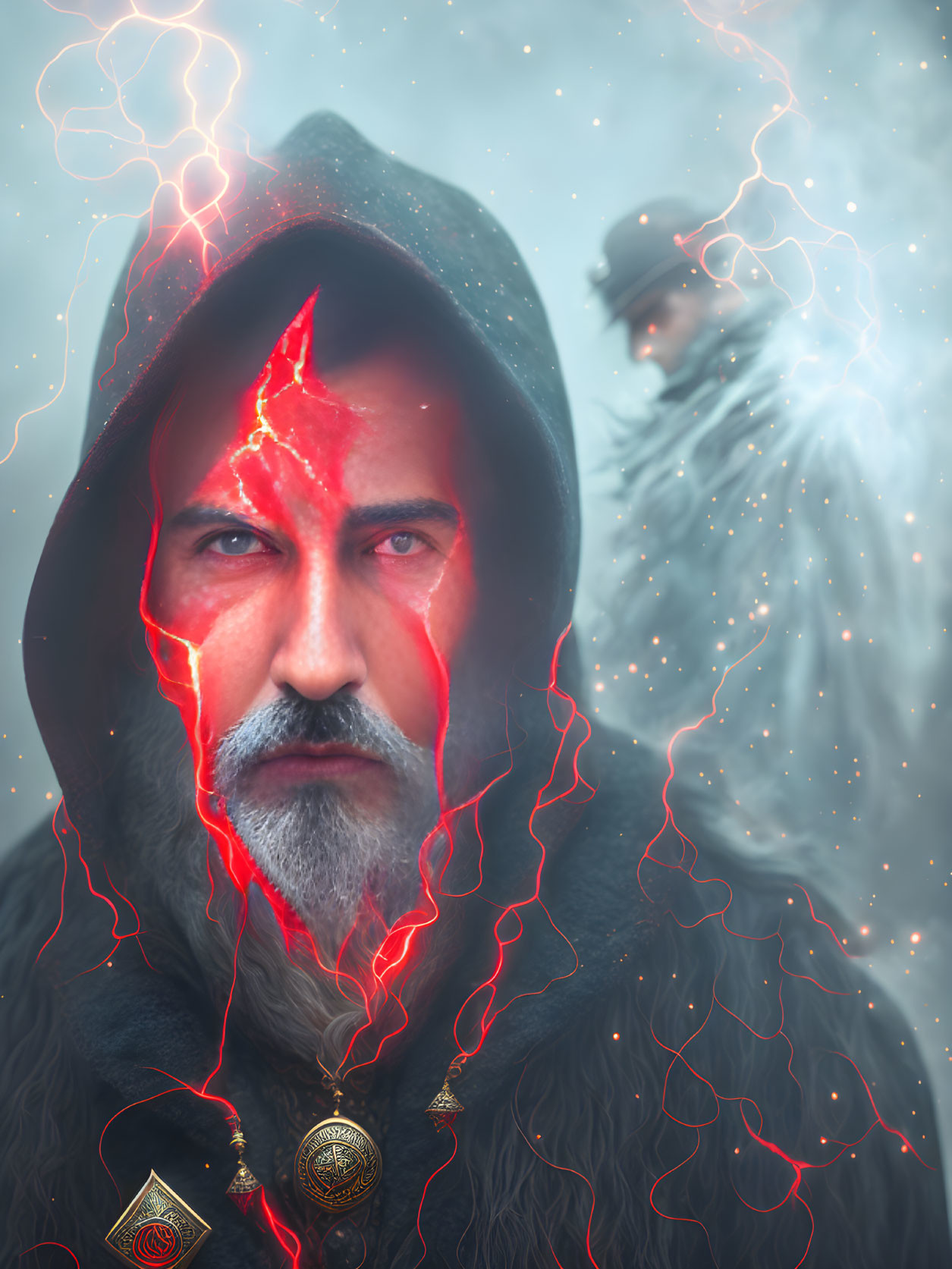 Bearded man with intense eyes in mystical robe and glowing red cracks.