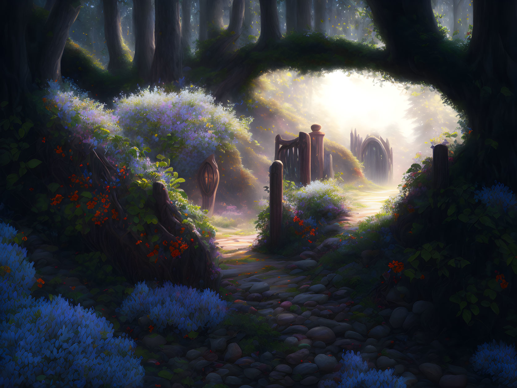 Enchanting forest pathway with vibrant flowers and illuminated gate