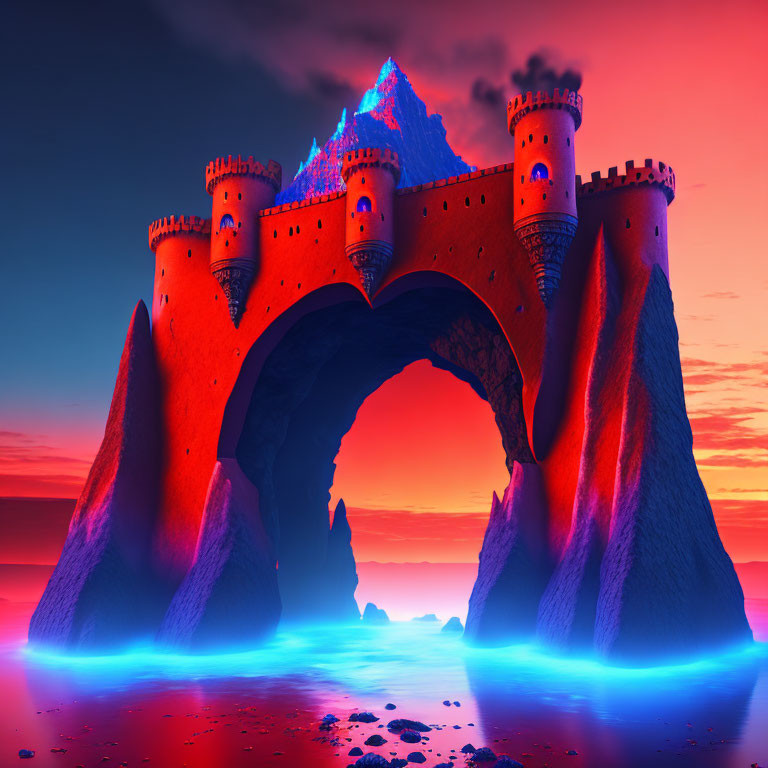 Fantastical castle on rugged cliffs under surreal sky.