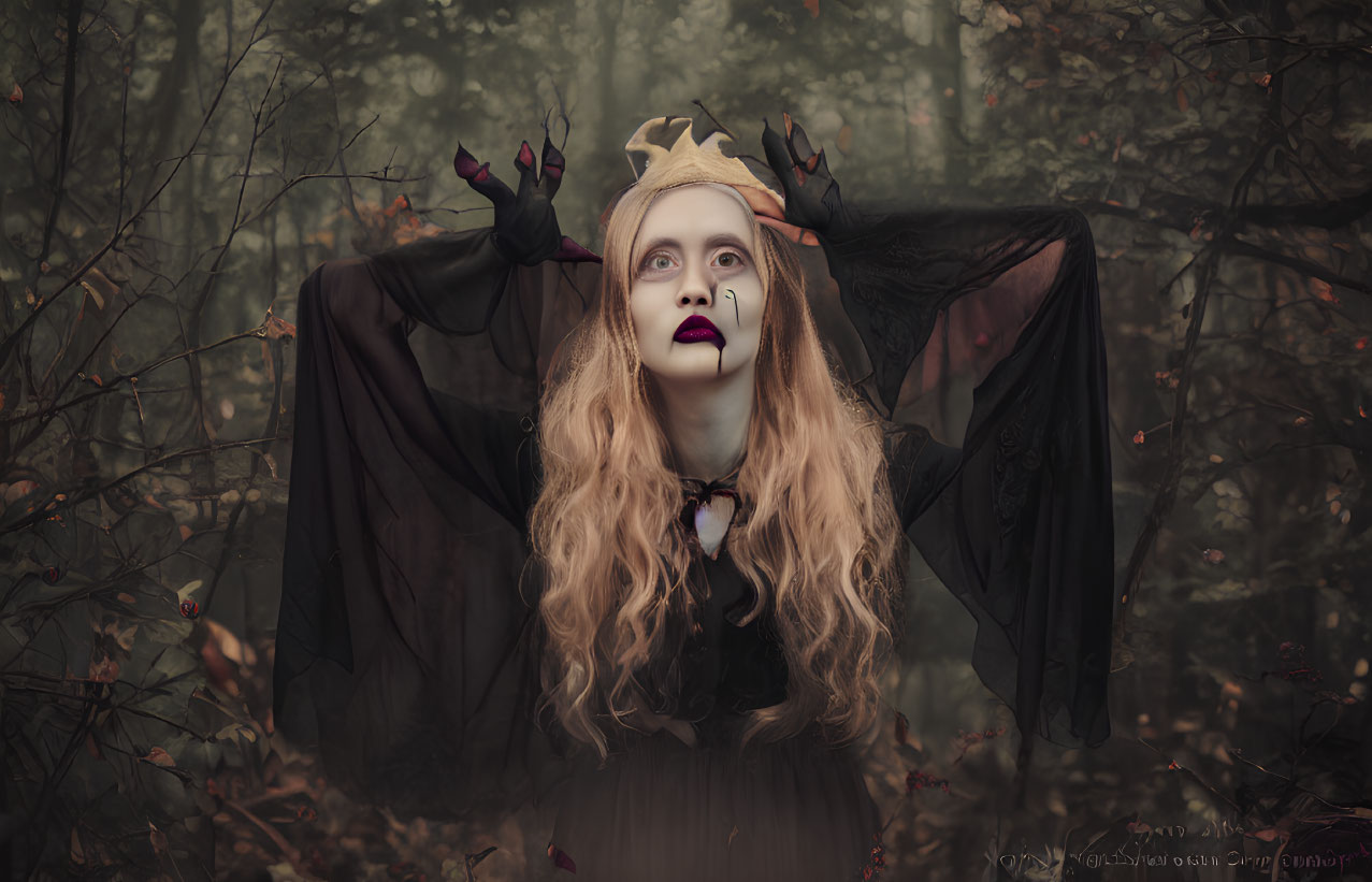 Pale woman with dark lipstick and gold crown in mystical forest setting