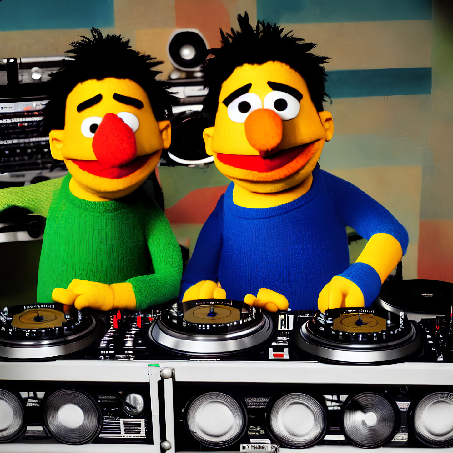 Sesame Street characters Bert and Ernie pose as DJs with turntables and speakers