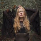 Pale woman with dark lipstick and gold crown in mystical forest setting