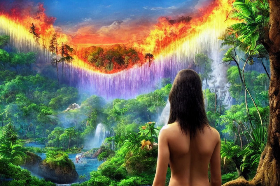 Surreal landscape with river of fire, jungle, waterfalls