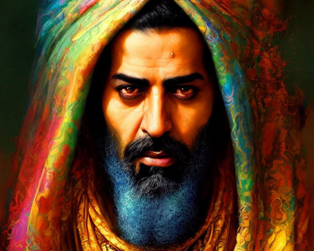 Colorful Turbaned Bearded Man in Traditional Garment