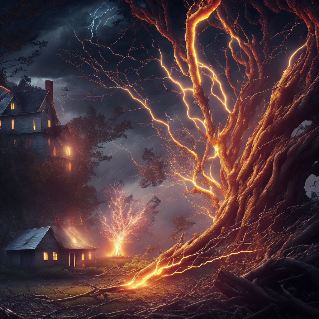 Thunderous Night: Lightning-Struck Tree, Two Houses, Stormy Sky