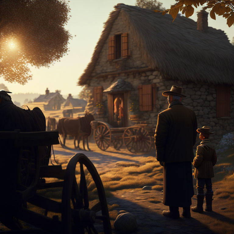 Family watching horse-drawn carriage near thatched-roof cottage at sunset