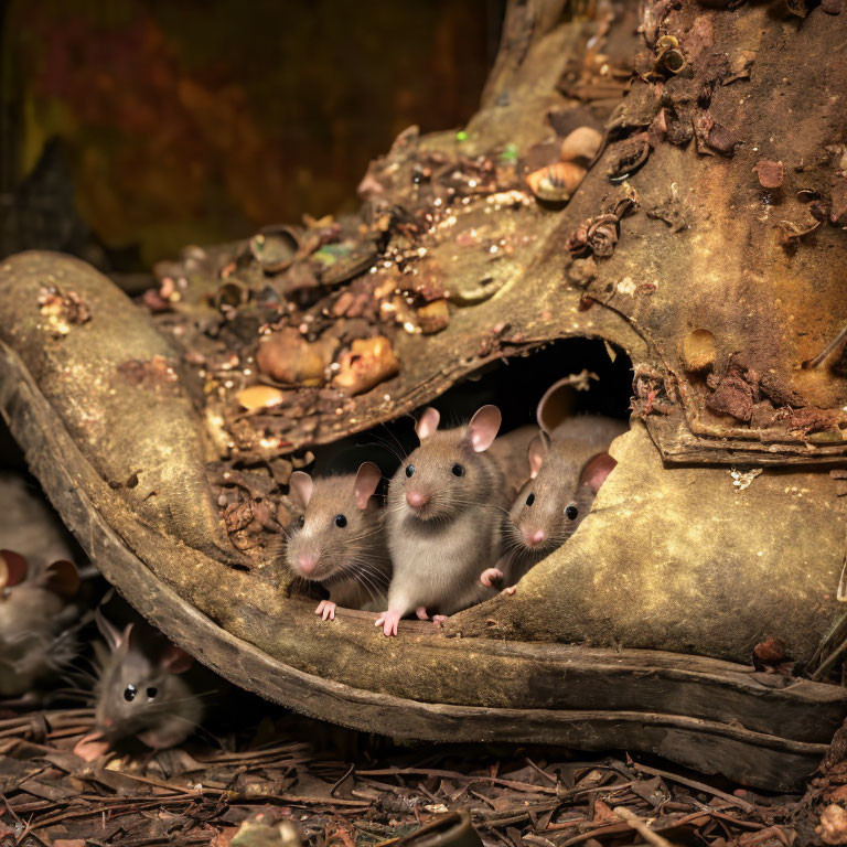 Three mice in old boot surrounded by autumn leaves and twigs