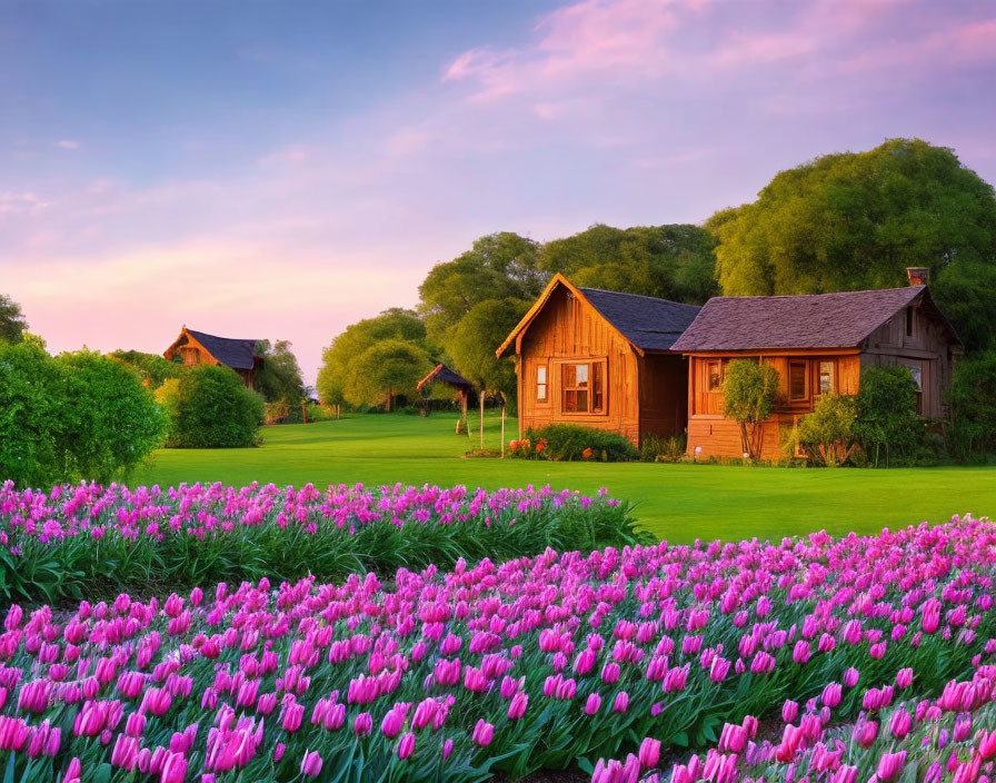 Cozy wooden cottage surrounded by pink tulips at sunset