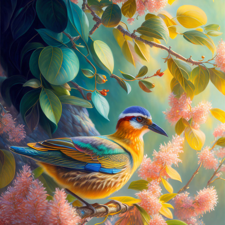 Vibrant bird with blue, yellow, and green feathers on branch with pink flowers.