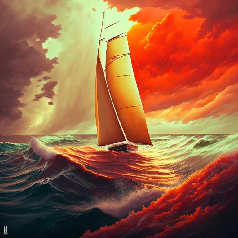 Sailboat in stormy seas under fiery sky with lightning.