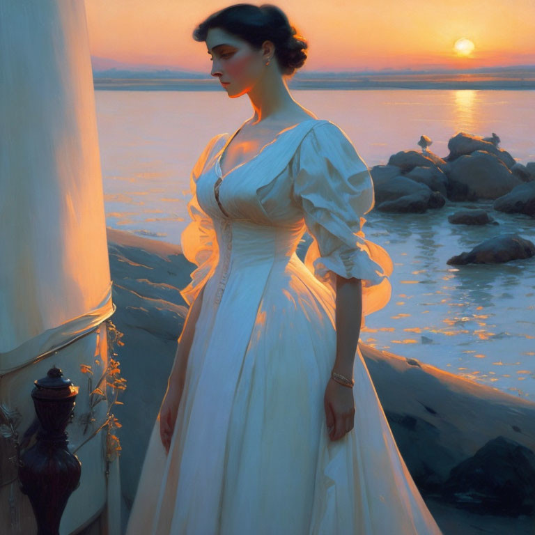 Woman in White Dress Watching Sunset over Calm Waters