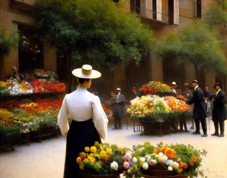 Woman in white dress and straw hat at vibrant flower market