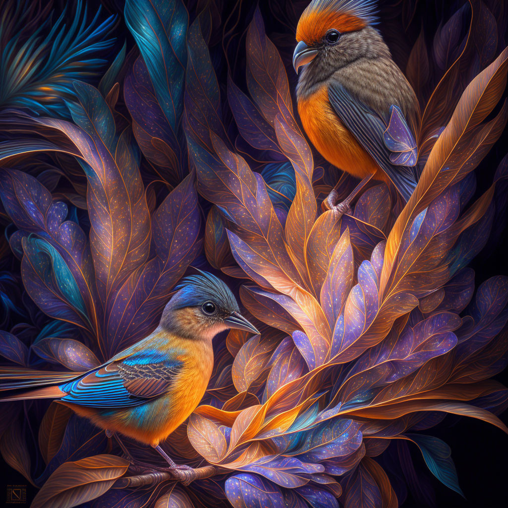 Colorful Birds Among Iridescent Leaves and Feathers