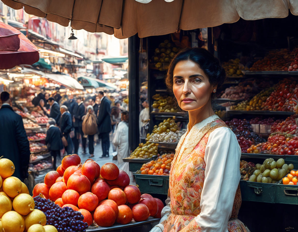 Woman in floral dress at bustling market street with fruit stalls and shoppers