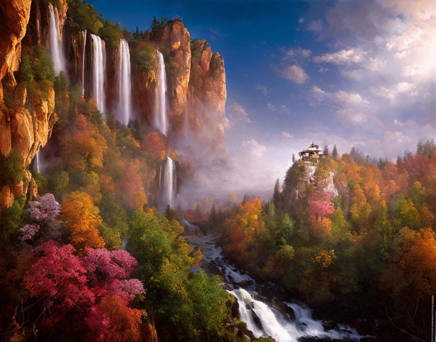 Majestic waterfall cascades by house on cliff amid autumn trees