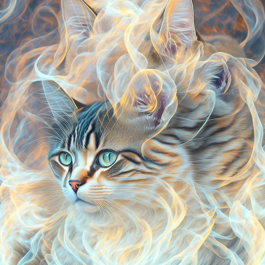 Digital artwork featuring mystical cat with smoky swirls and flame-like patterns