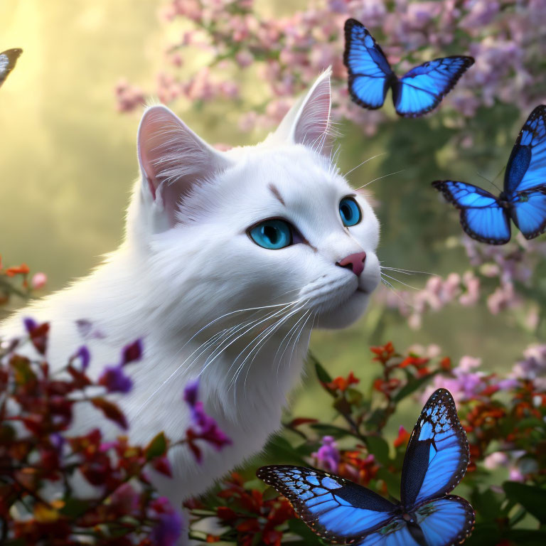 White Cat with Blue Eyes Surrounded by Butterflies and Flowers