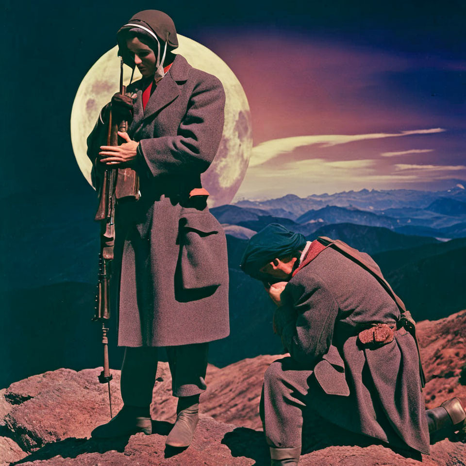 Vintage mountain gear: Two figures on ridge with large moon, one with rifle.