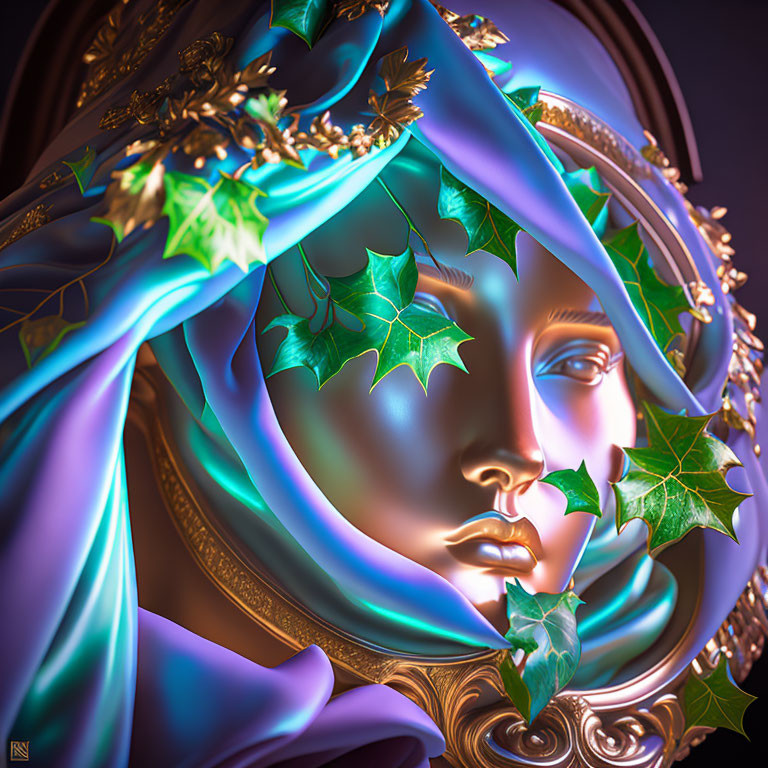 Surreal digital art: face with blue cloth, golden laurel, green ivy leaves