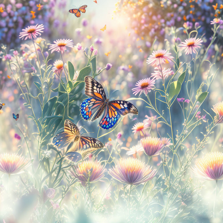 Colorful butterflies and wildflowers in sunlit meadow with bokeh effect