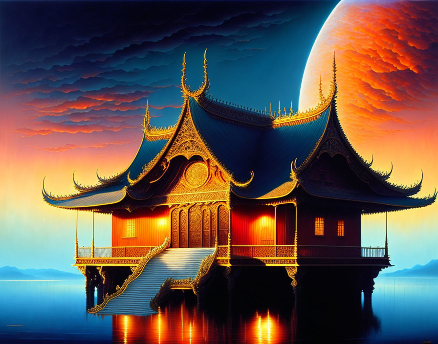 Traditional Asian-style pagoda under moonlit sky above water surface