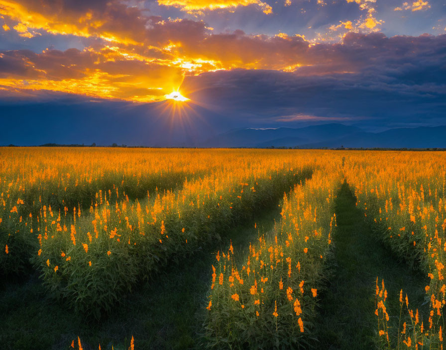 Scenic sunset with sunbeams over golden field and mountains in dramatic sky