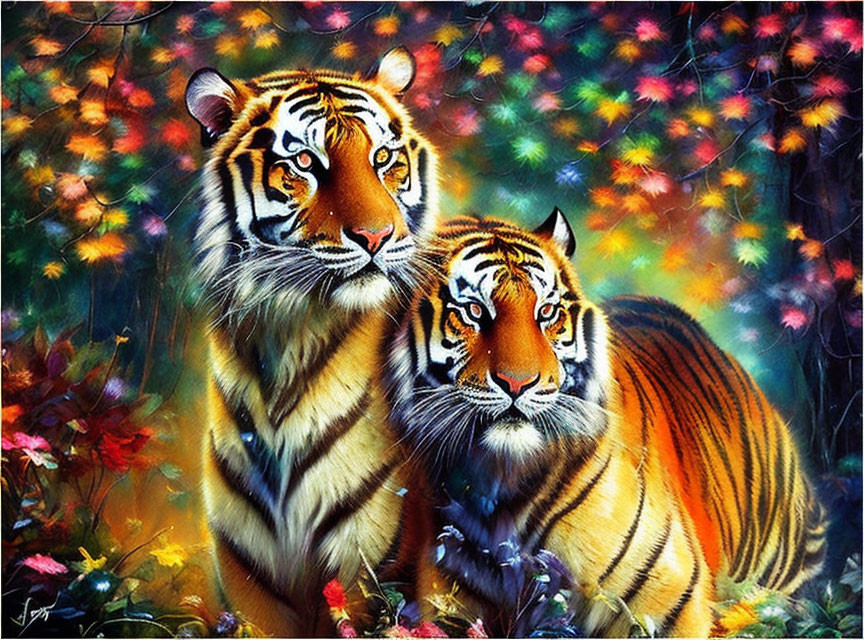 Vibrant multicolored foliage with two tigers