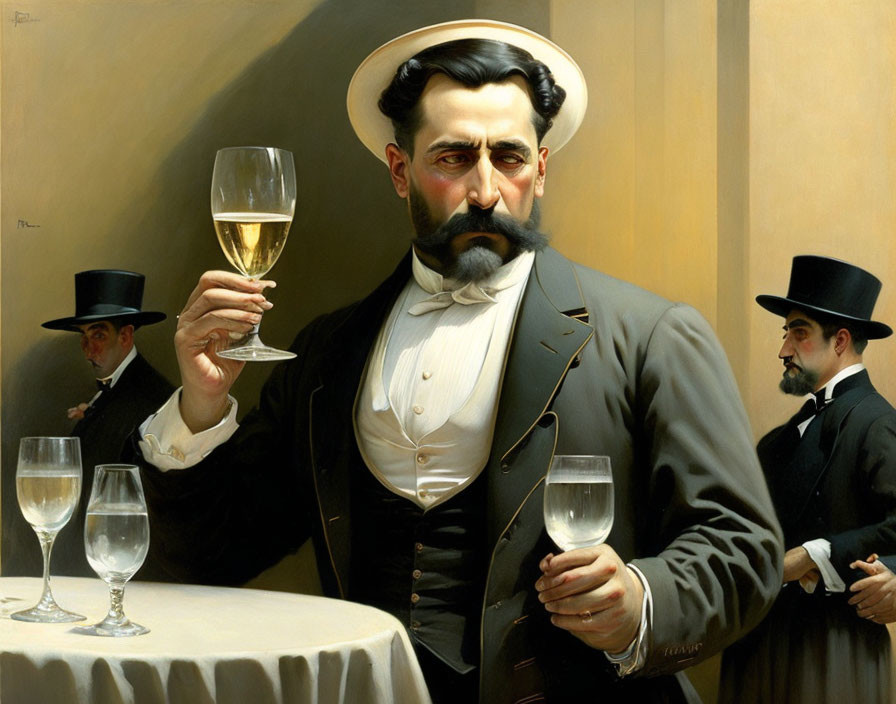 Sophisticated man with mustache inspects wine glass among elegantly dressed company