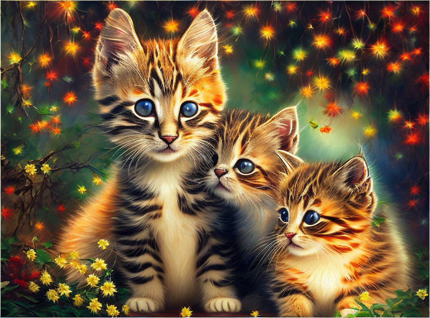 Three Kittens with Big Blue Eyes Among Colorful Lights and Yellow Flowers