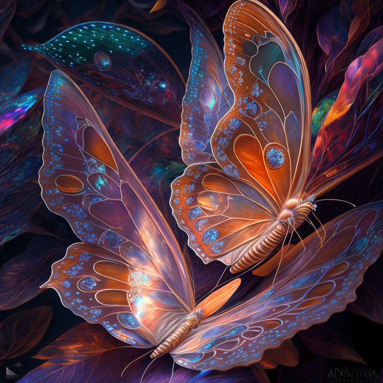 Intricately designed butterflies with glowing patterns in mystical digital artwork