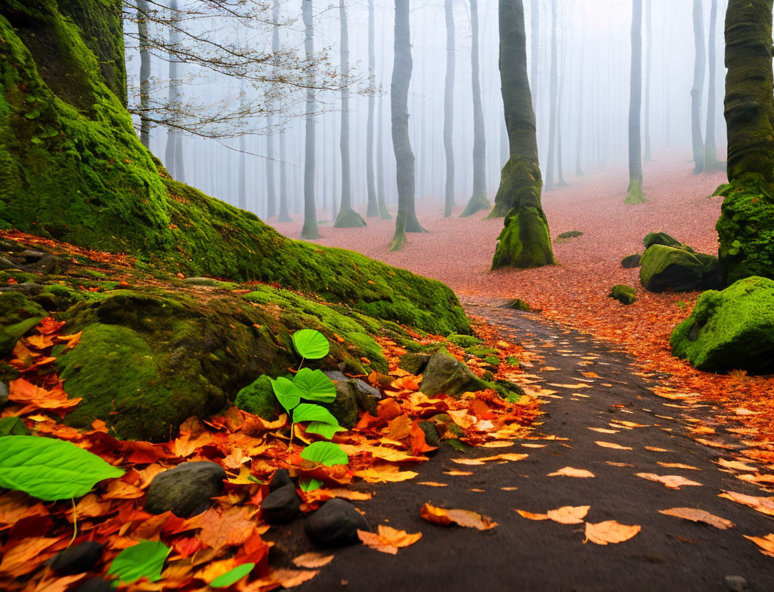 Misty Forest Pathway with Autumn Leaves and Moss-Covered Trees