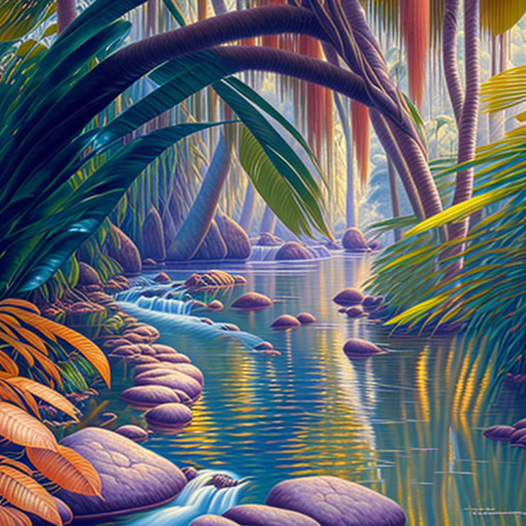 Serene tropical river with lush foliage and palm trees