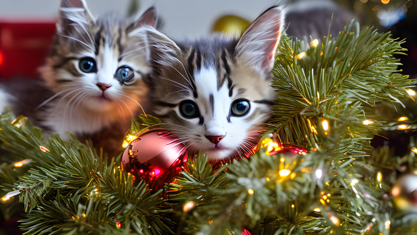 Adorable Kittens Among Christmas Tree Decorations