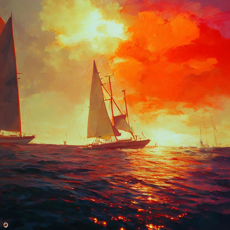 Sailboats on Glowing Red-Orange Sunset Seascape