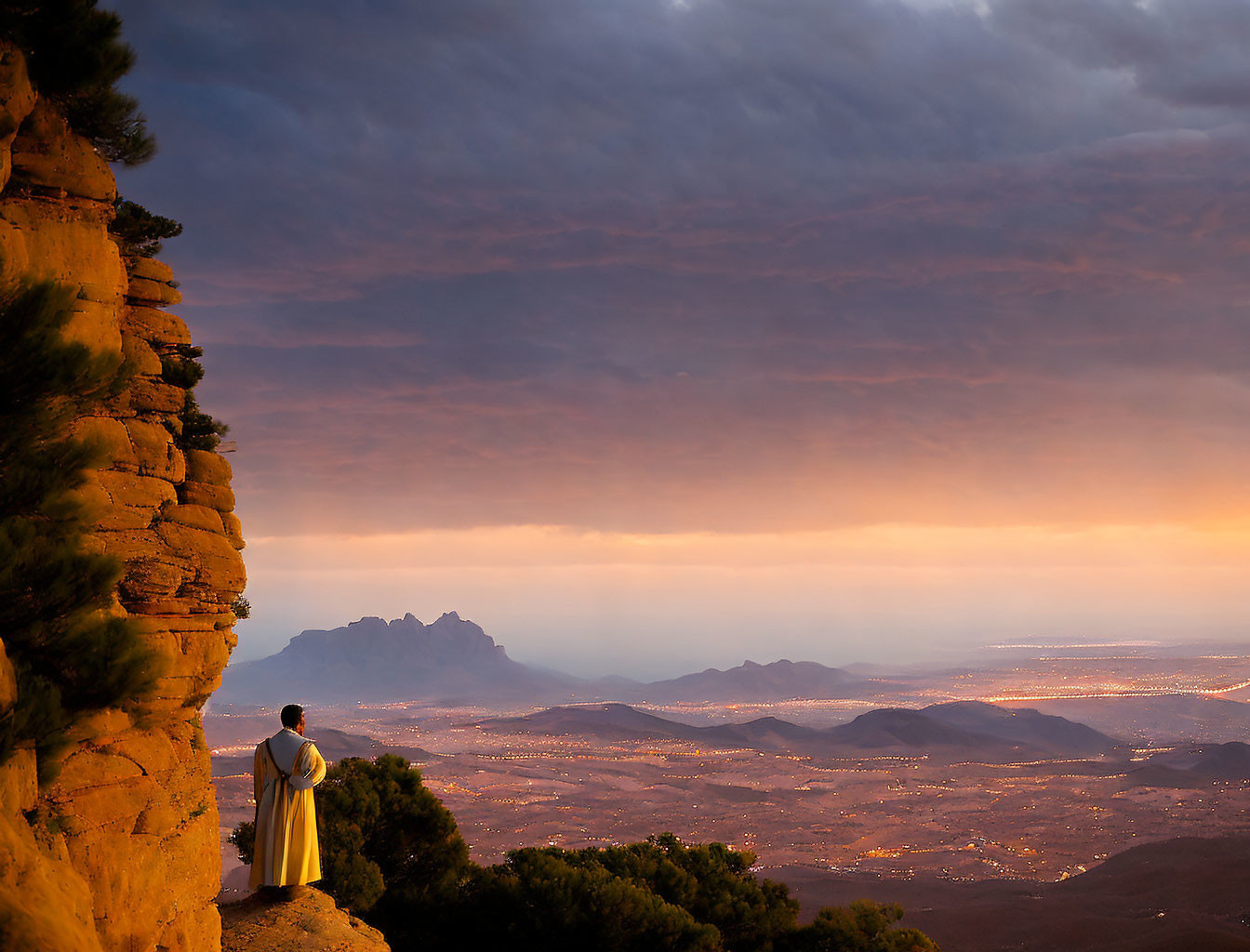 Figure in robe on cliff edge gazes at mountain landscape under orange sky