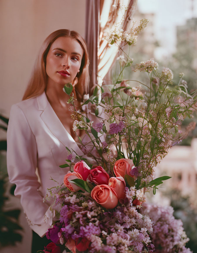 Woman in white blazer with pink and purple bouquet by window