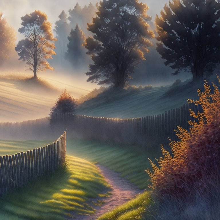 Serene sunrise landscape with mist, path, trees, and wooden fence