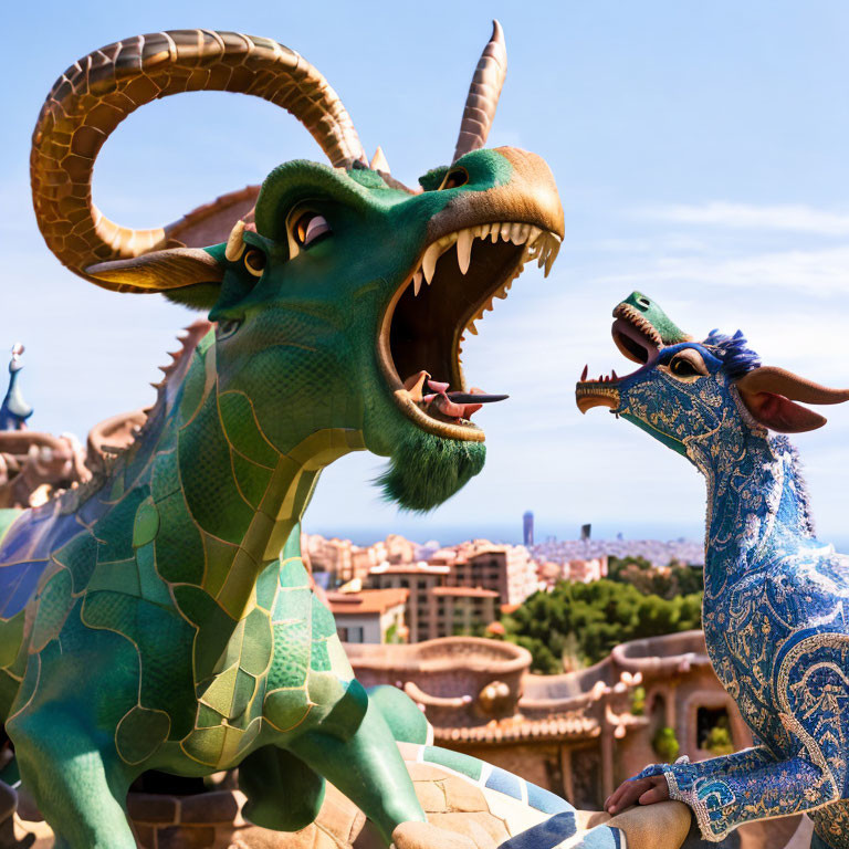 Colorful dragon sculptures facing each other against a clear blue sky with city architecture.