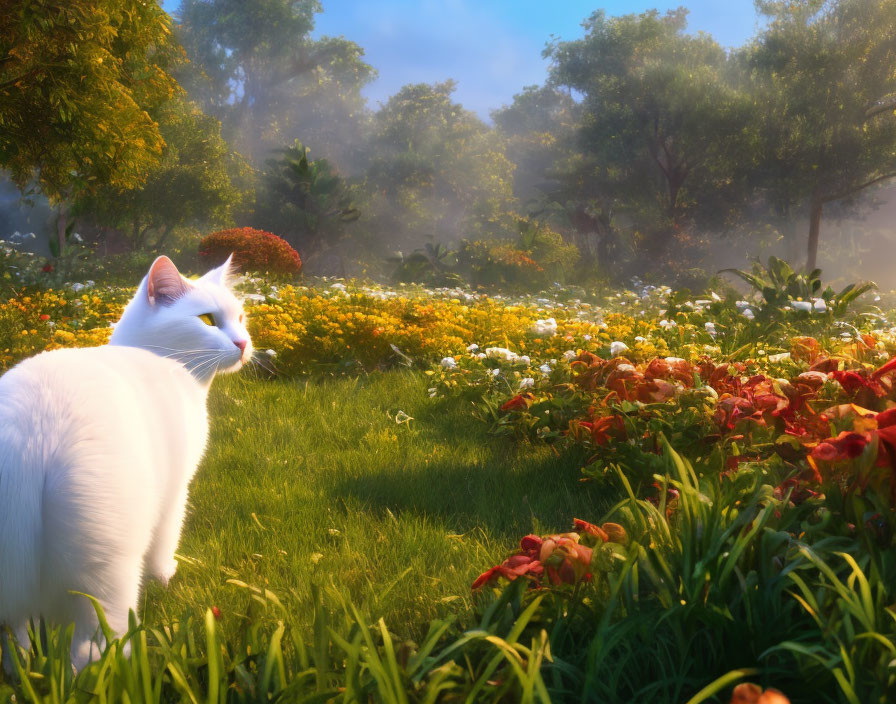 White Cat Contemplating in Lush Garden with Vibrant Flowers