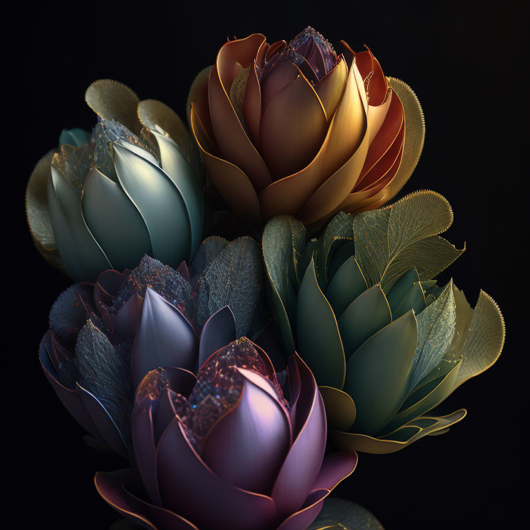 Stylized 3D lotus flowers with metallic petals on dark backdrop