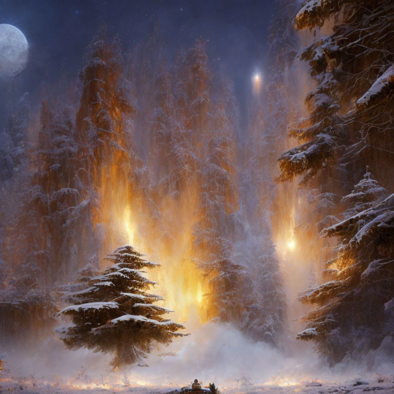 Snowy forest at night with tall pines, warm lights, moon, and stars.