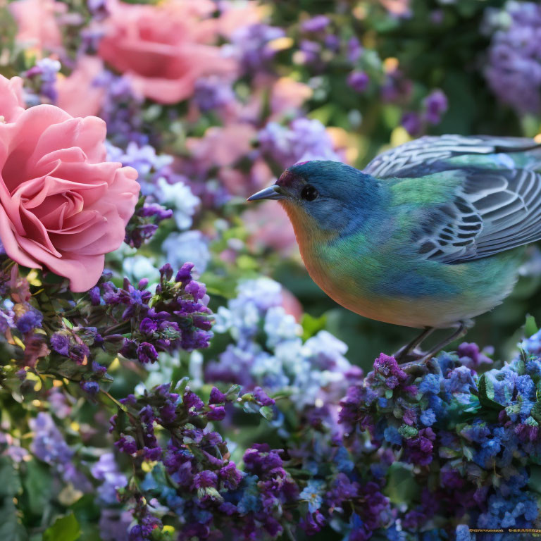 Colorful Bird Among Pink Roses and Purple Flowers in Greenery Background