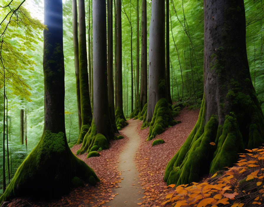 Tranquil forest path with towering trees and moss-covered roots