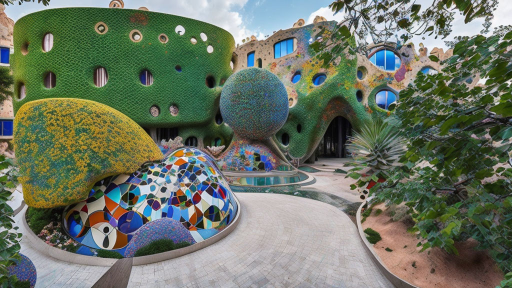 Colorful Mosaic-Tiled Architectural Complex with Circular Windows