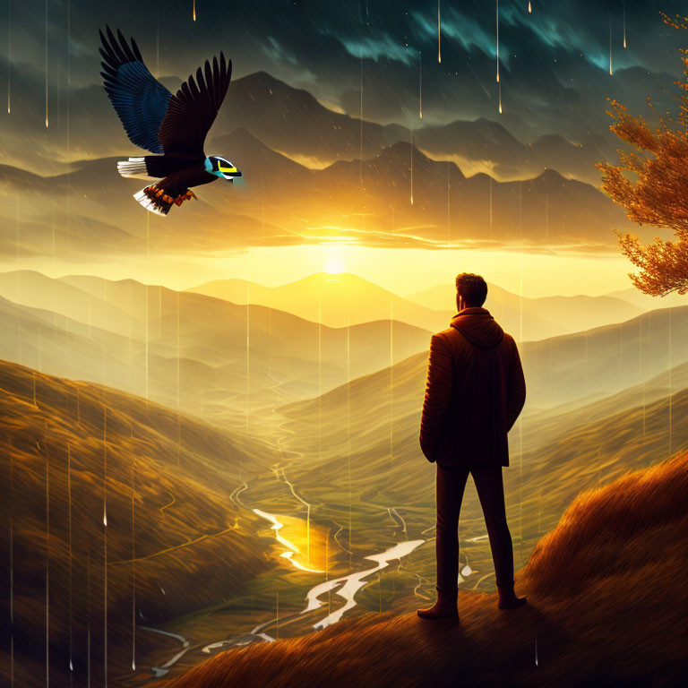 Person on hill at sunset watching eagle and river in majestic landscape